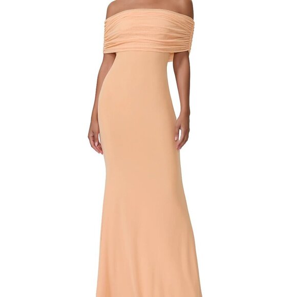 New AFRM McCall Off the Shoulder Mesh Peach Fuzz Maxi Dress NWT Medium - Picture 3 of 9